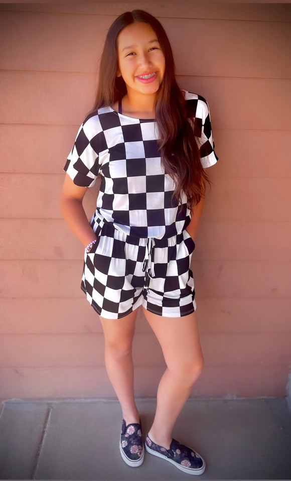 Checkered Brushed Romper with Pockets